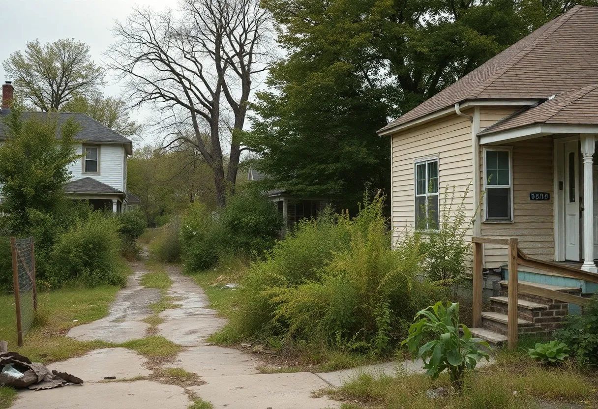A view of an abandoned property in Detroit showing signs of neglect.