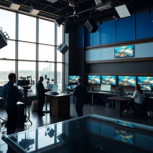 A dynamic newsroom filled with professionals working in broadcast journalism.