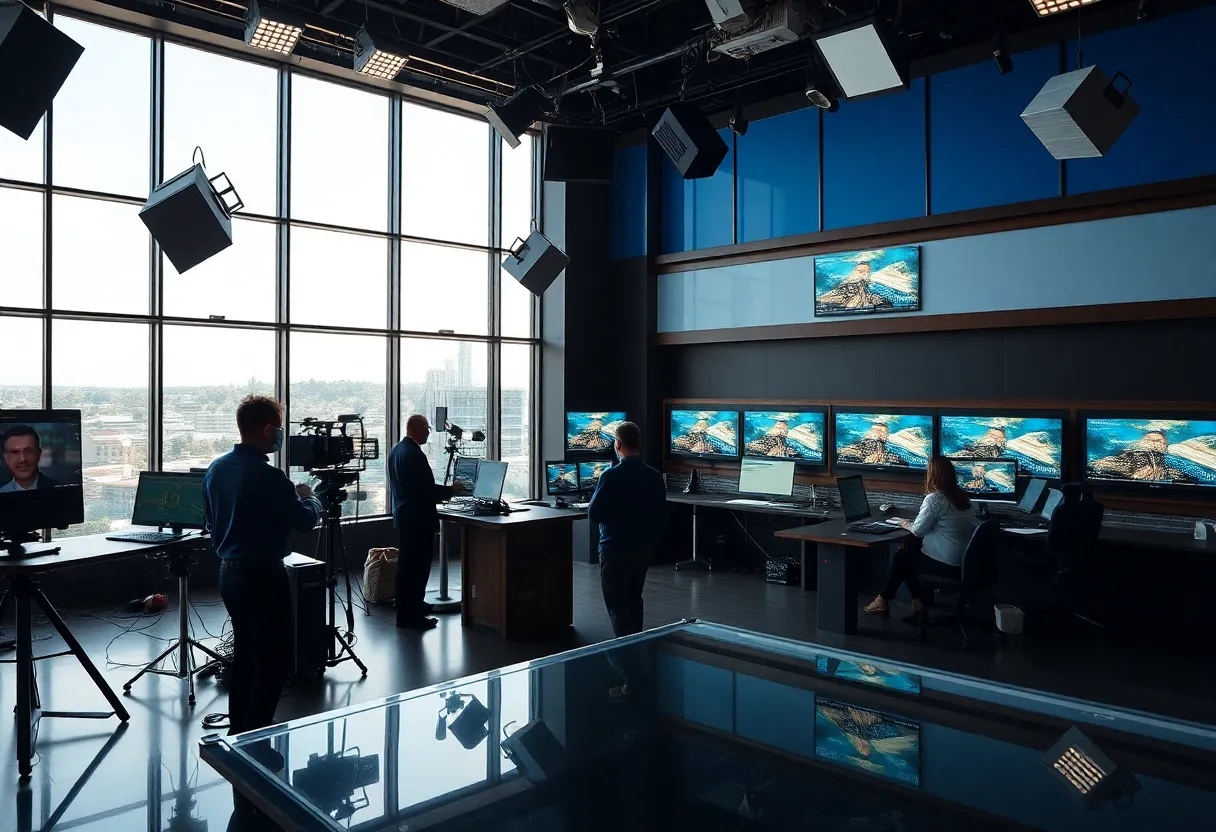 A dynamic newsroom filled with professionals working in broadcast journalism.
