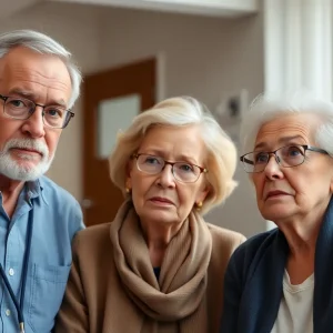 Elderly couple in nursing home with caring nurse