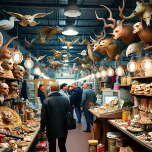 Vibrant marketplace at the Oddities & Curiosities Expo with various unique items displayed.