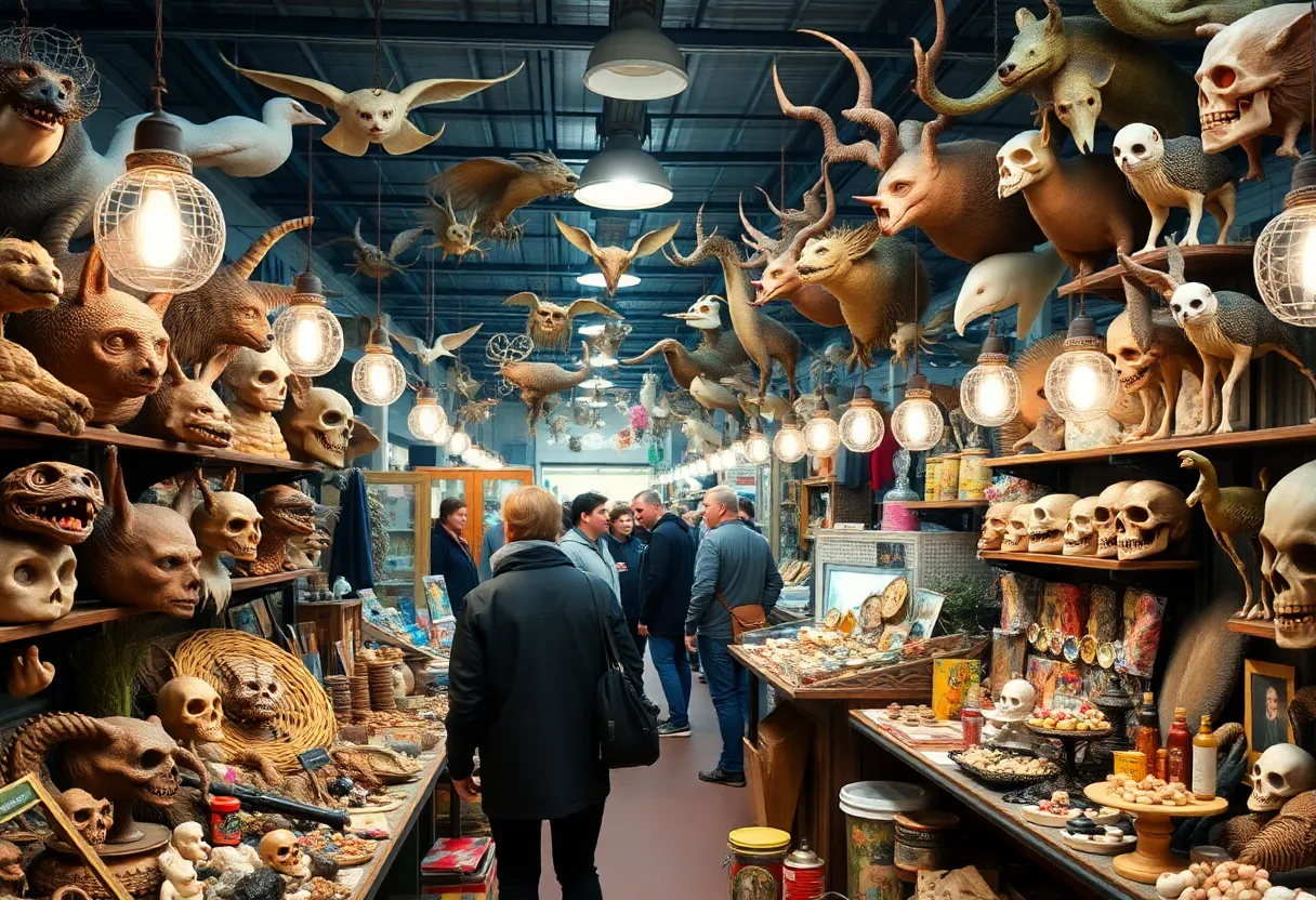 Vibrant marketplace at the Oddities & Curiosities Expo with various unique items displayed.