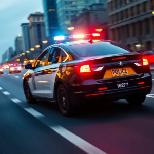 Police vehicles with flashing lights during a night chase in Detroit