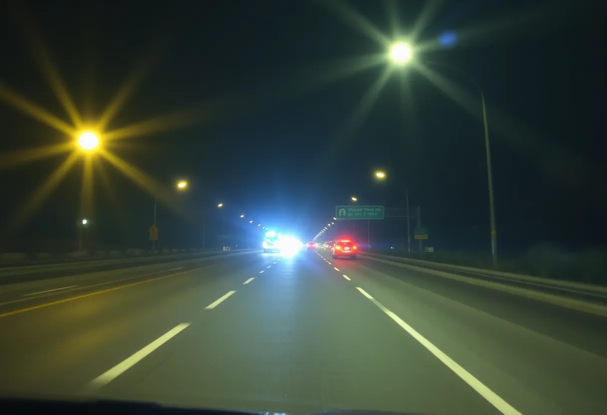 Police vehicles with flashing lights during a night chase in Detroit