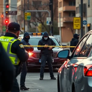 Law enforcement officers investigating a crime scene in Detroit