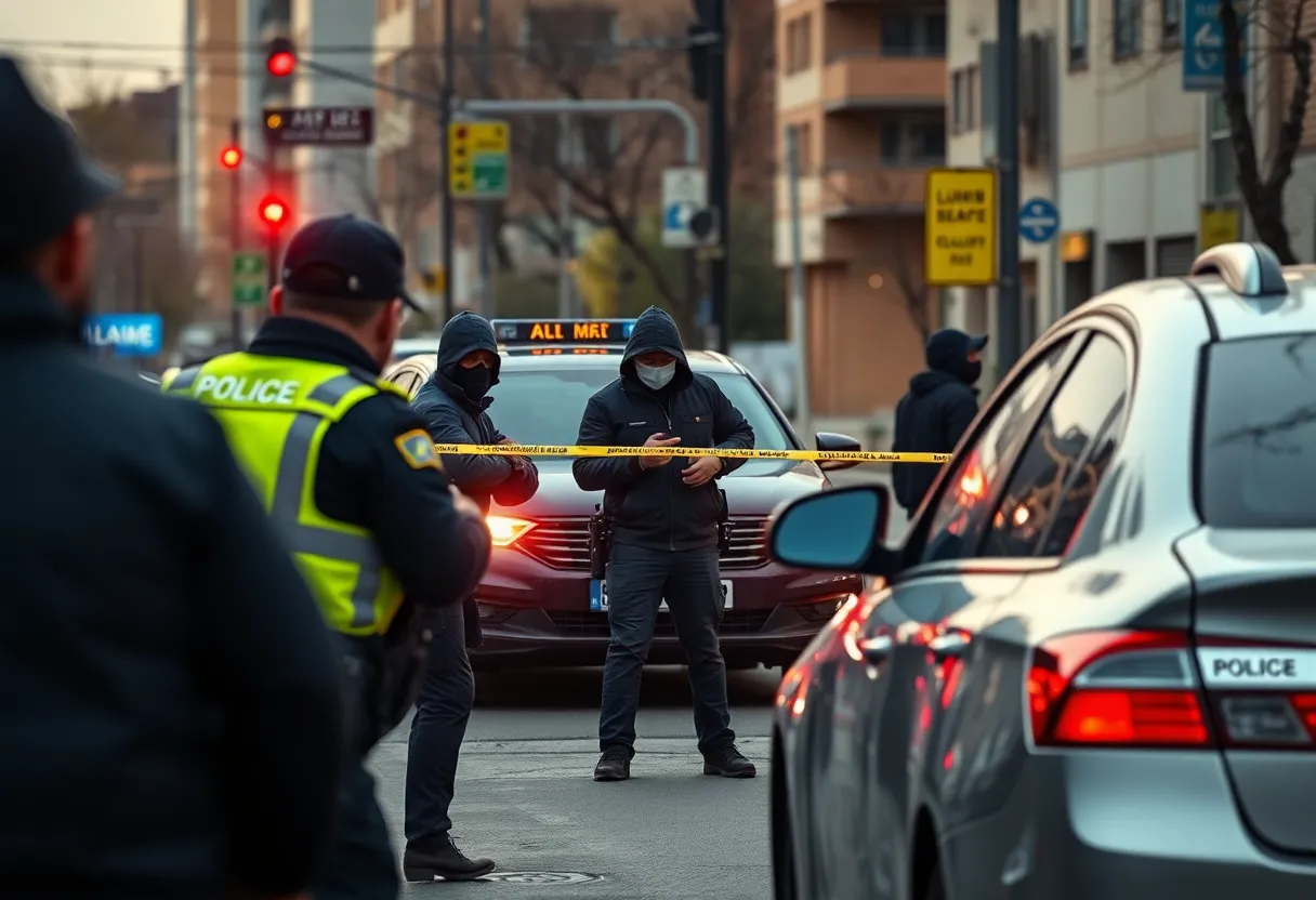 Law enforcement officers investigating a crime scene in Detroit