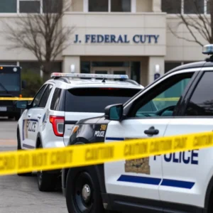 Police vehicles and caution tape outside a federal agency office.