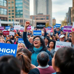 A lively political rally for Jocelyn Benson's gubernatorial campaign featuring community members.