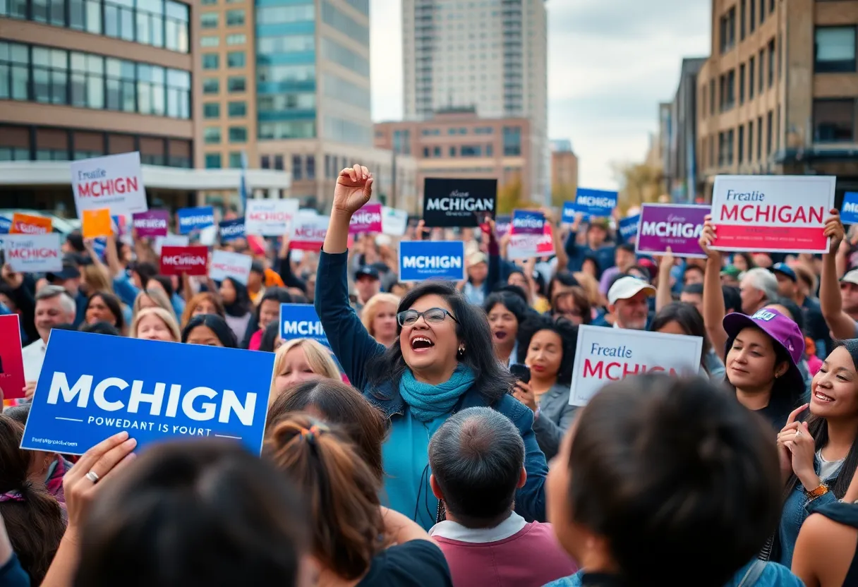 A lively political rally for Jocelyn Benson's gubernatorial campaign featuring community members.