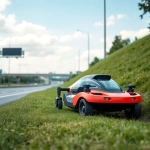 Remote-controlled mower operating along a freeway