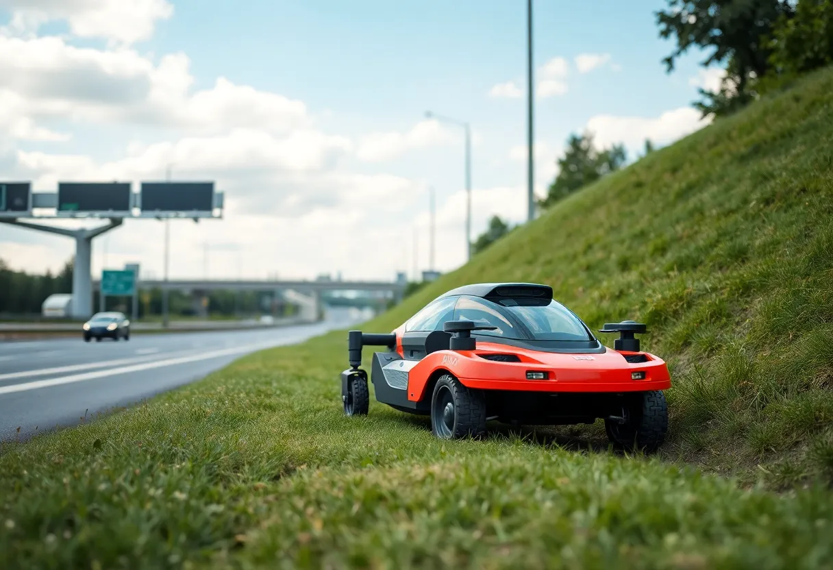 Remote-controlled mower operating along a freeway