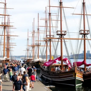 Tall ships lined up along the Detroit River during the Sail Detroit Festival