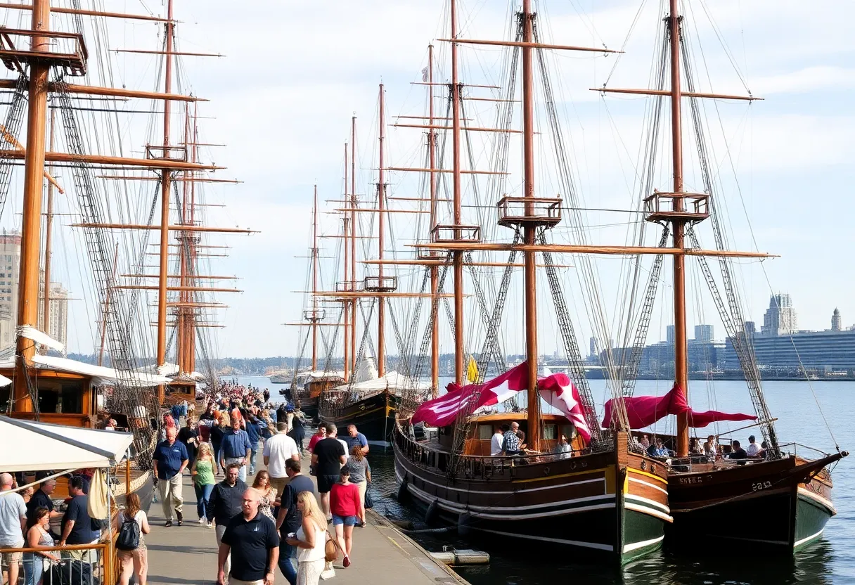 Tall ships lined up along the Detroit River during the Sail Detroit Festival