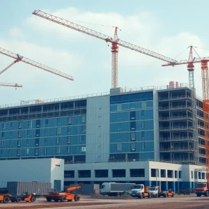 A view of a semiconductor manufacturing site with construction activity.