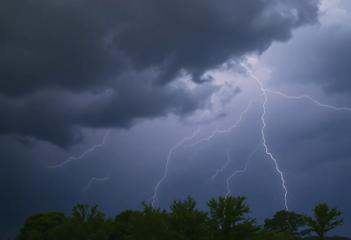 Dark storm clouds over Michigan with lightning