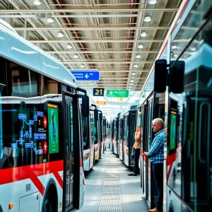 Modern public transportation scene with buses and commuters