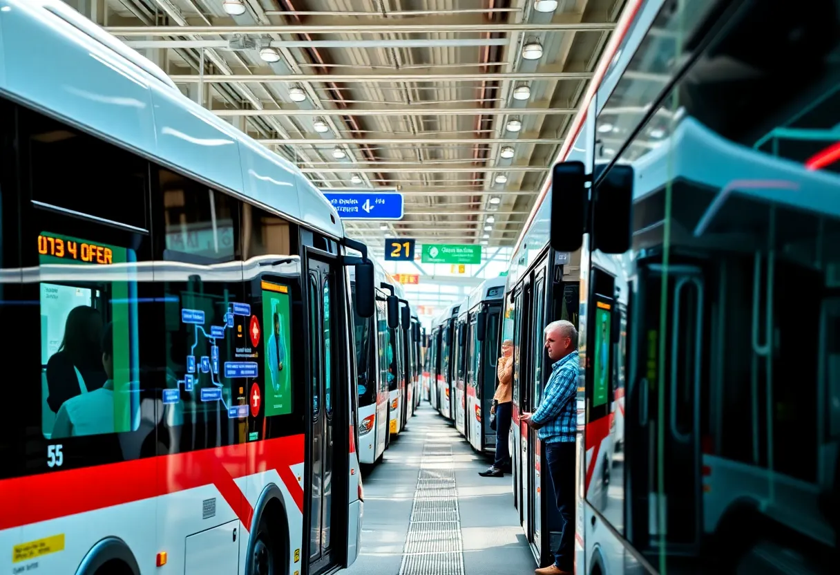 Modern public transportation scene with buses and commuters
