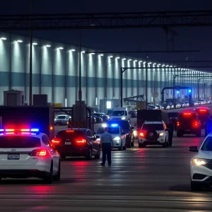 Police vehicles surround the Stellantis Sterling Heights Assembly Plant during a standoff.