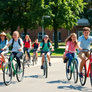 Students riding bicycles during their commute to school