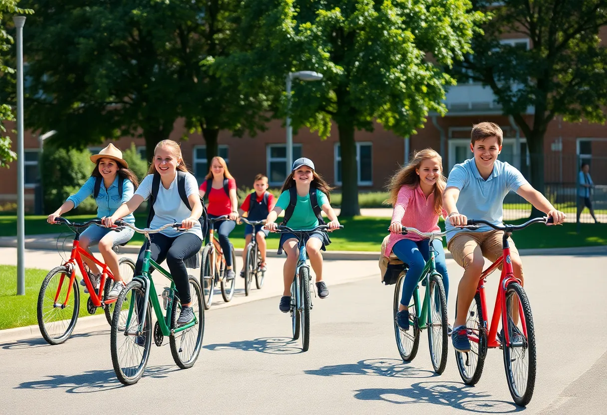 Students riding bicycles during their commute to school