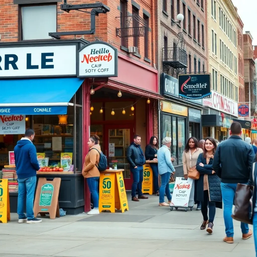 A bustling street with small businesses and diverse community members in Detroit.