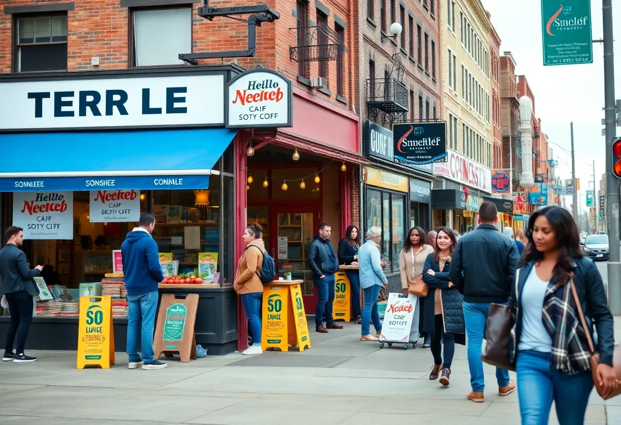 A bustling street with small businesses and diverse community members in Detroit.