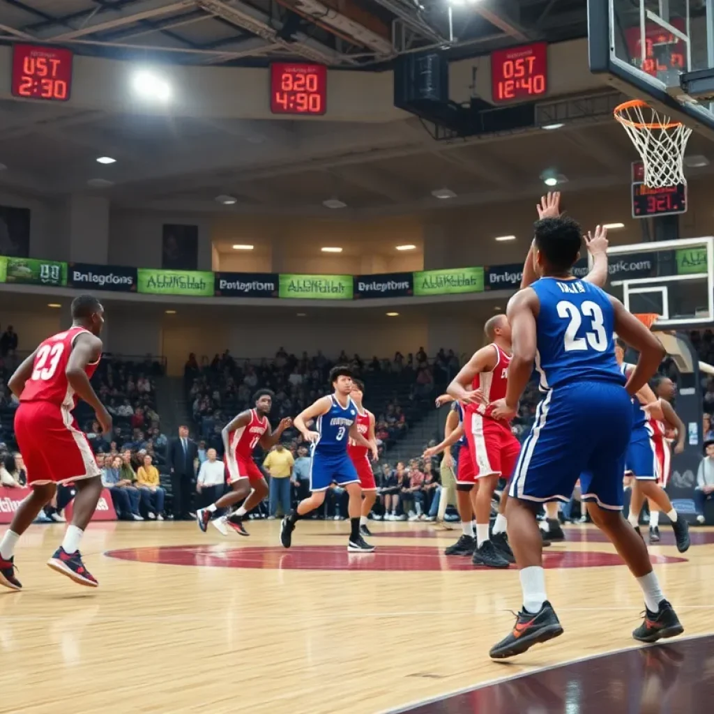Basketball teams competing during a game.