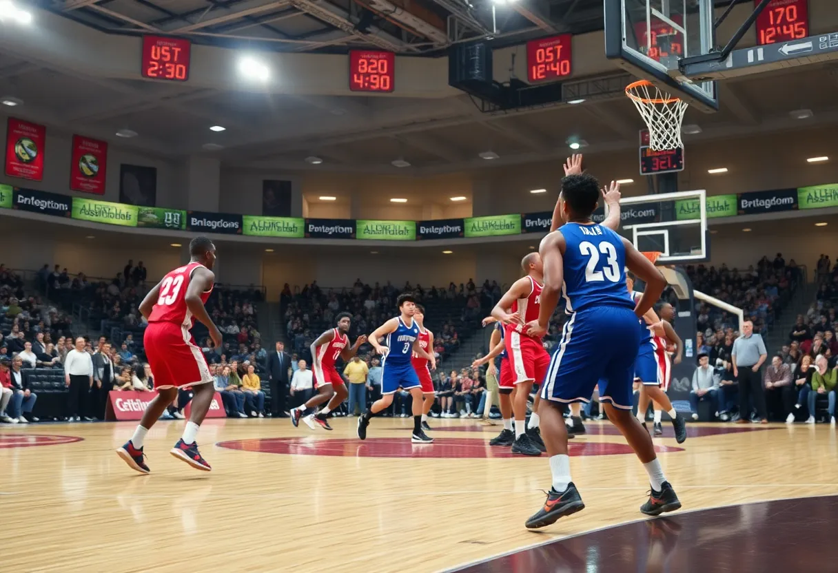 Basketball teams competing during a game.
