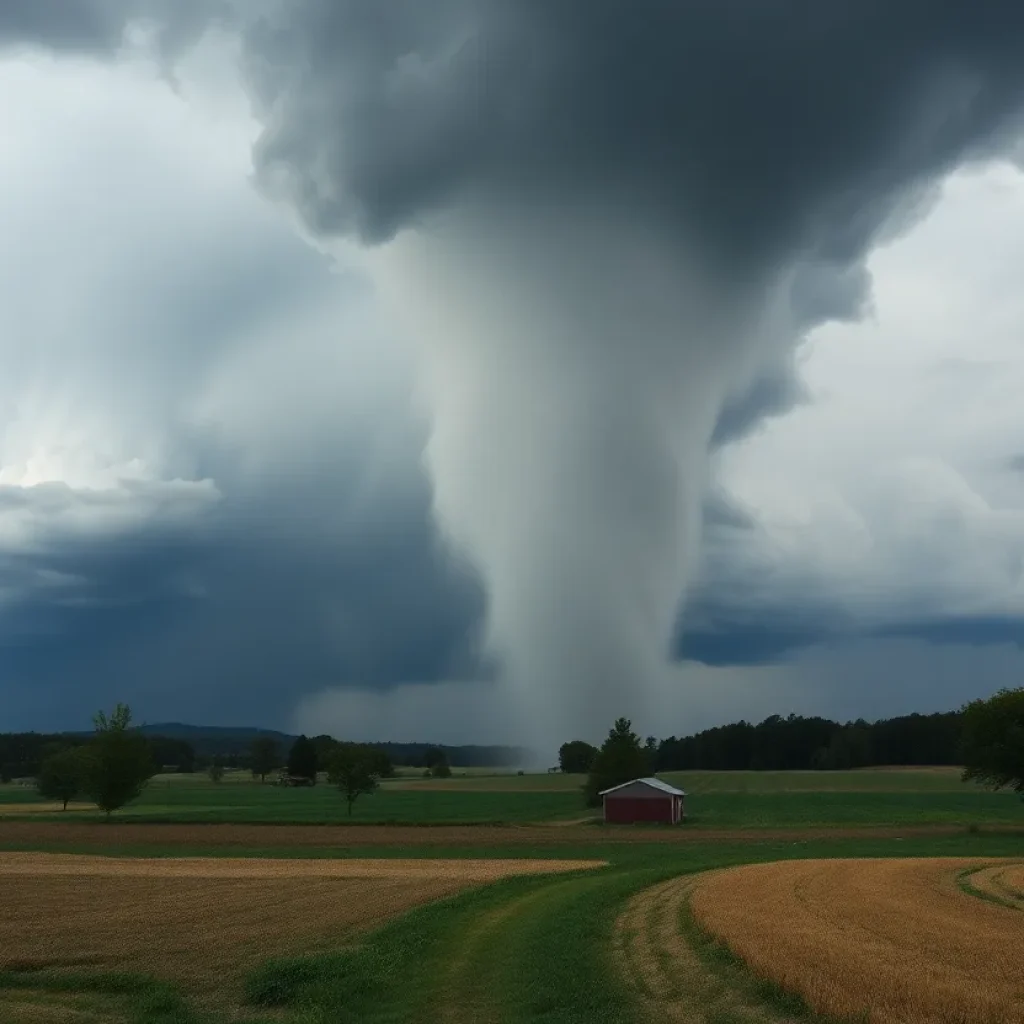 Tornado forming over a rural landscape in Deckerville, Michigan