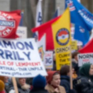 Rally scene with UAW logos and banners of various candidates