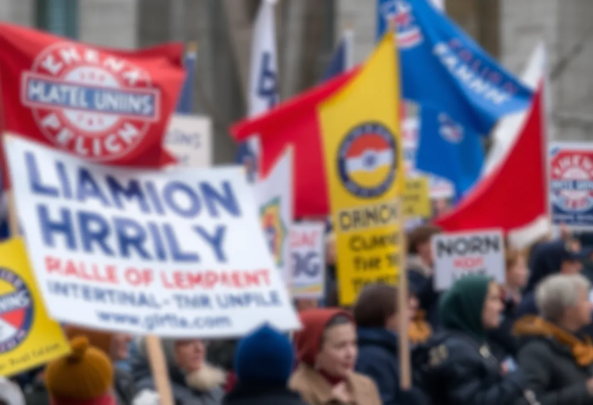 Rally scene with UAW logos and banners of various candidates