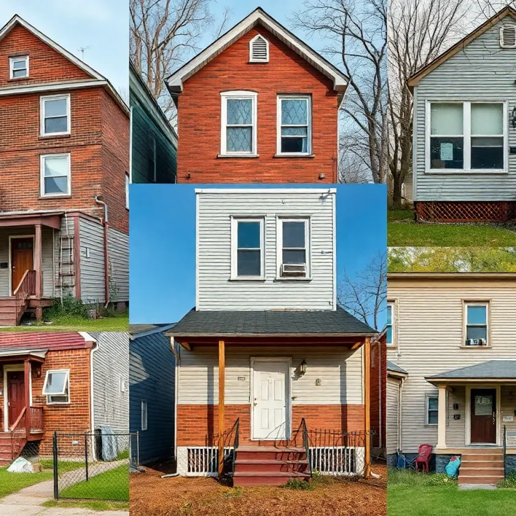 Collage of deteriorating rental houses in Detroit
