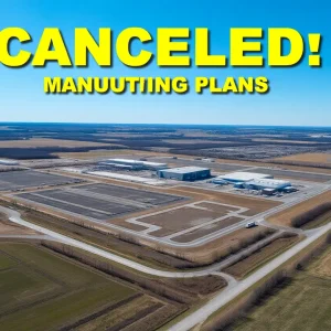 Aerial view of a large vacant site in Michigan previously planned for a semiconductor manufacturing plant.