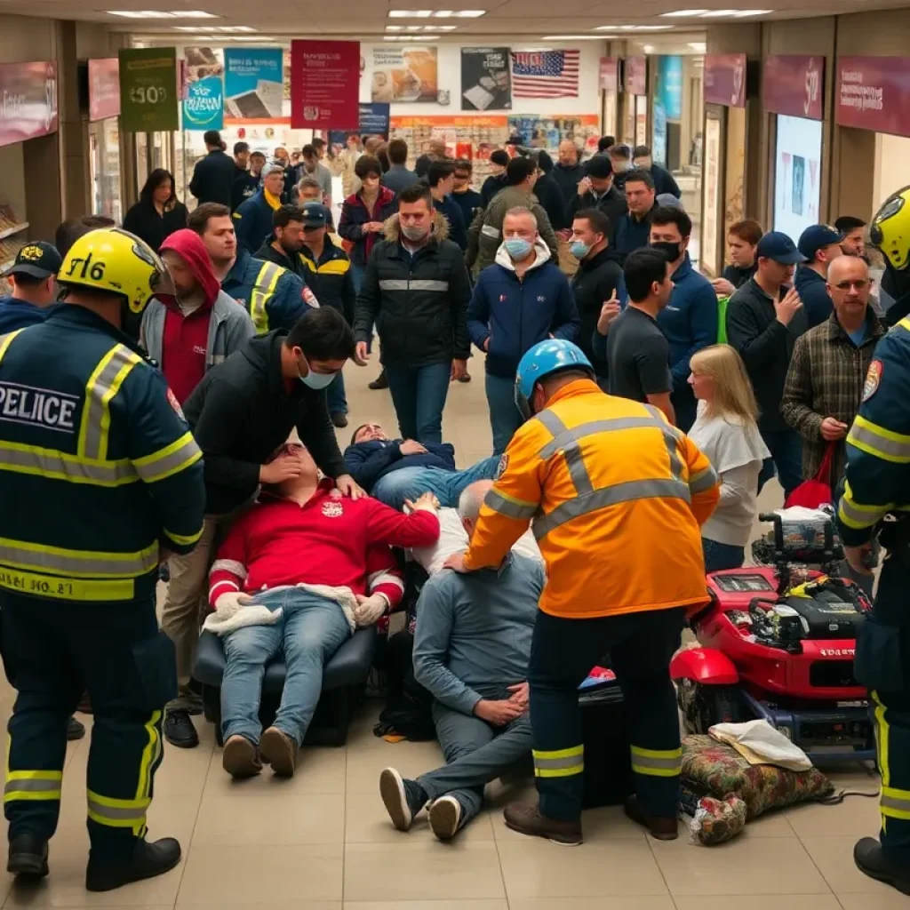 Emergency responders assisting injured individuals at a Walmart store.