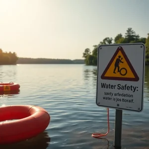 A tranquil lake scene emphasizing water safety with flotation devices and warning signs.