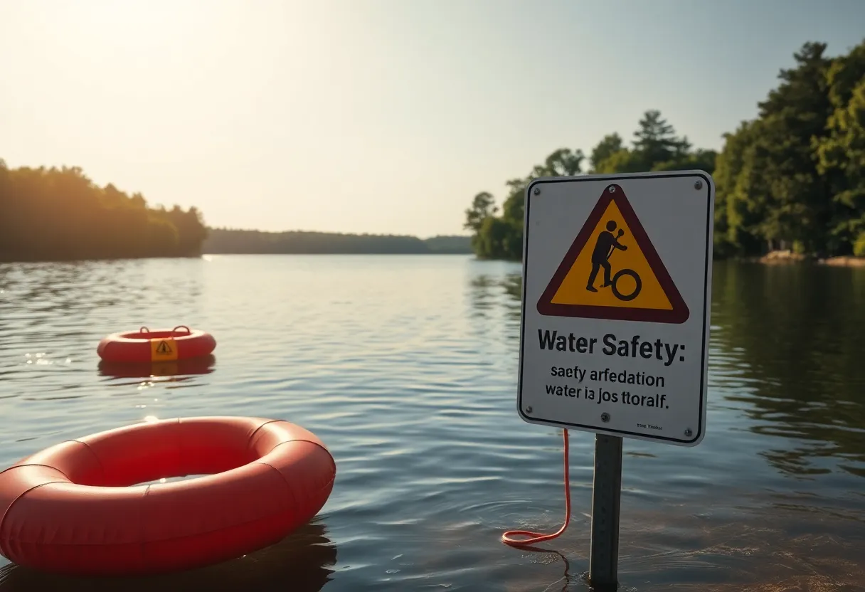 A tranquil lake scene emphasizing water safety with flotation devices and warning signs.