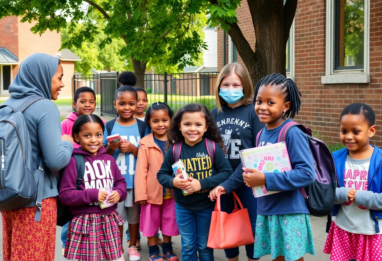Children receiving back-to-school supplies in Detroit