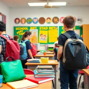 Students preparing for the new academic year in a classroom.