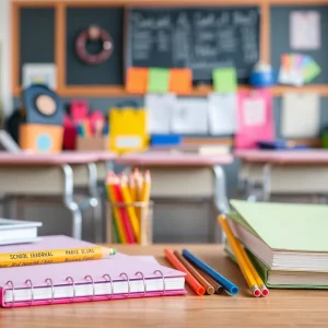 A collection of back-to-school supplies including notebooks, pencils, and classroom items