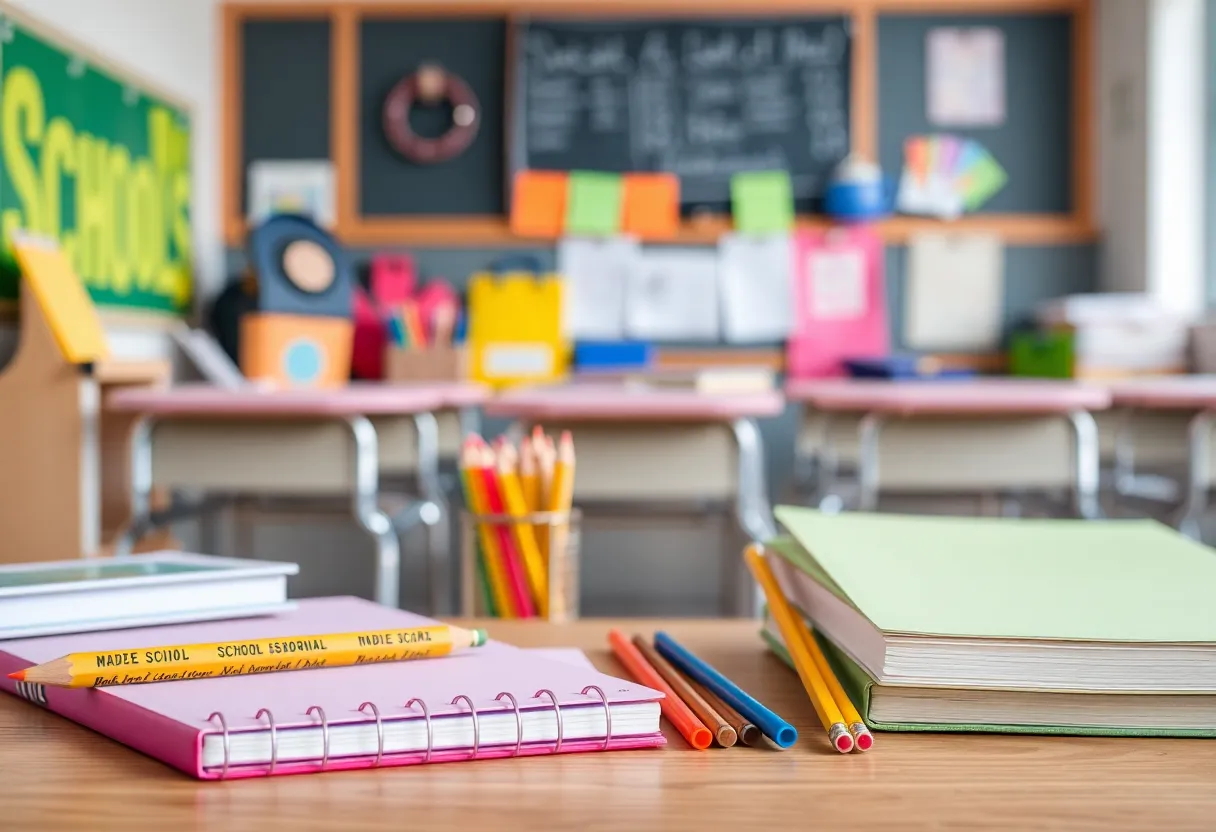 A collection of back-to-school supplies including notebooks, pencils, and classroom items