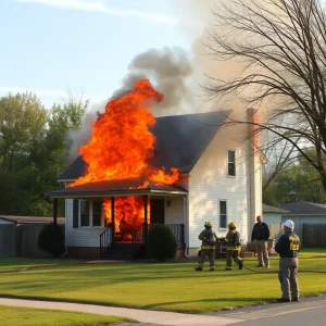 Firefighters combating a house fire in Battle Creek, smoke billowing from the roof.