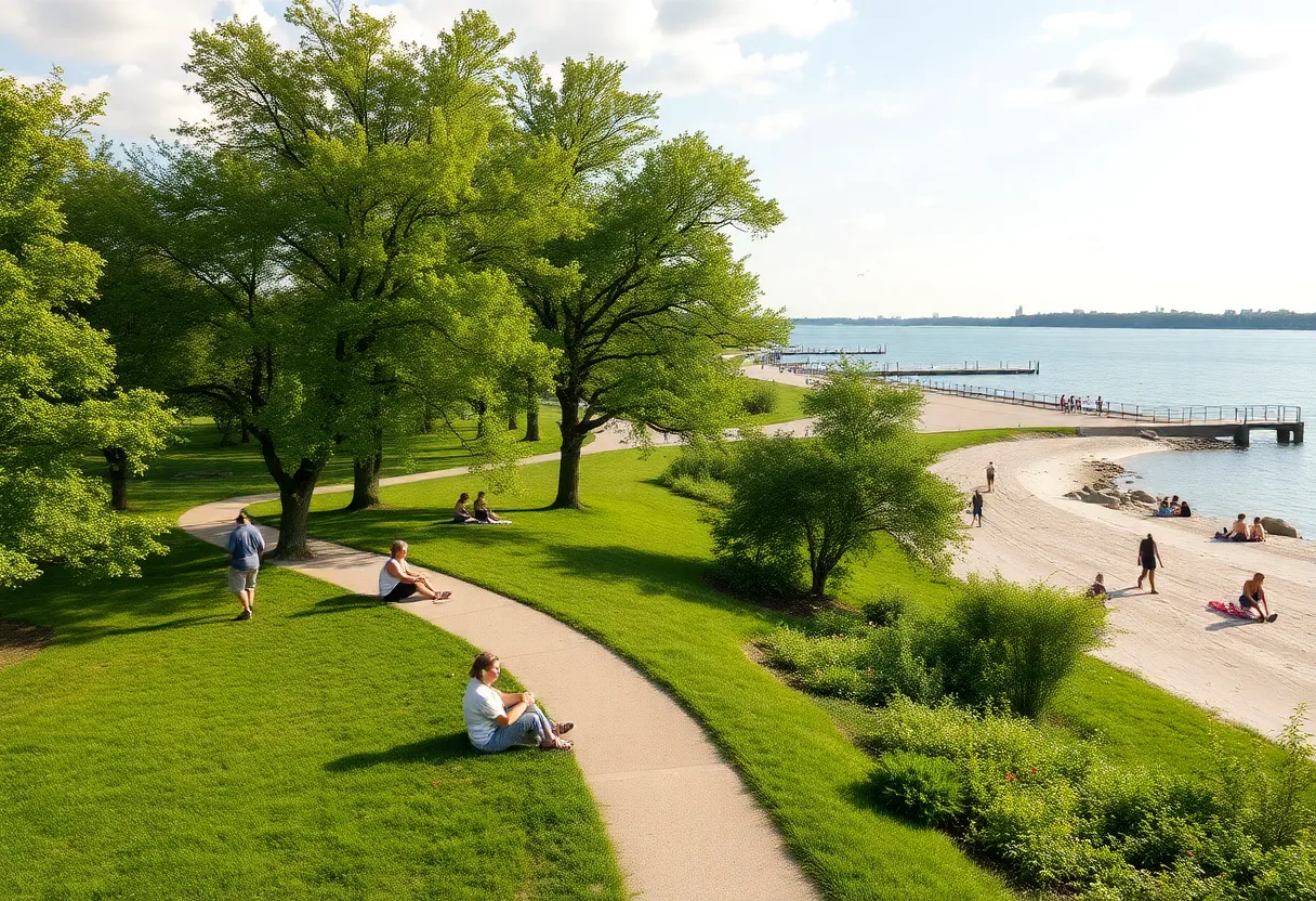 Families enjoying Belle Isle Park with trees and water views