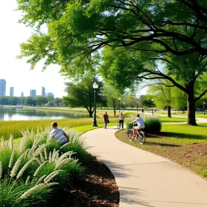 A panoramic view of Belle Isle Park with lush greenery and recreational areas.