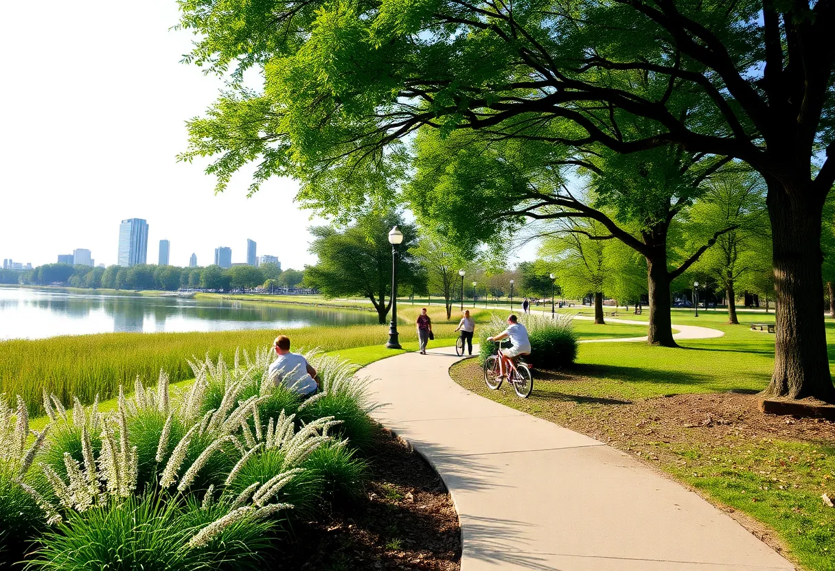 A panoramic view of Belle Isle Park with lush greenery and recreational areas.