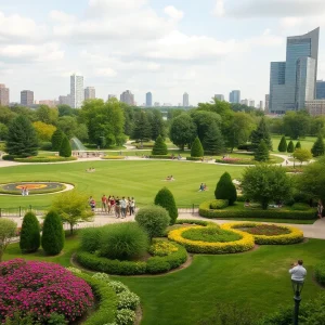 Scenic view of Belle Isle Park with gardens and people enjoying outdoor activities.