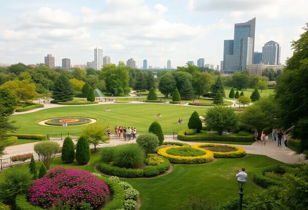 Scenic view of Belle Isle Park with gardens and people enjoying outdoor activities.