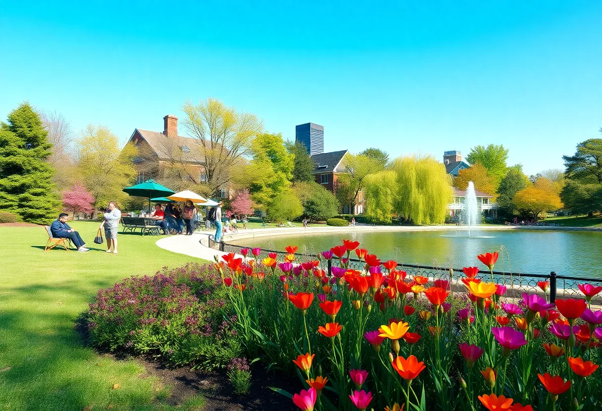 A picturesque view of Belle Isle Park with families and vibrant flowers.