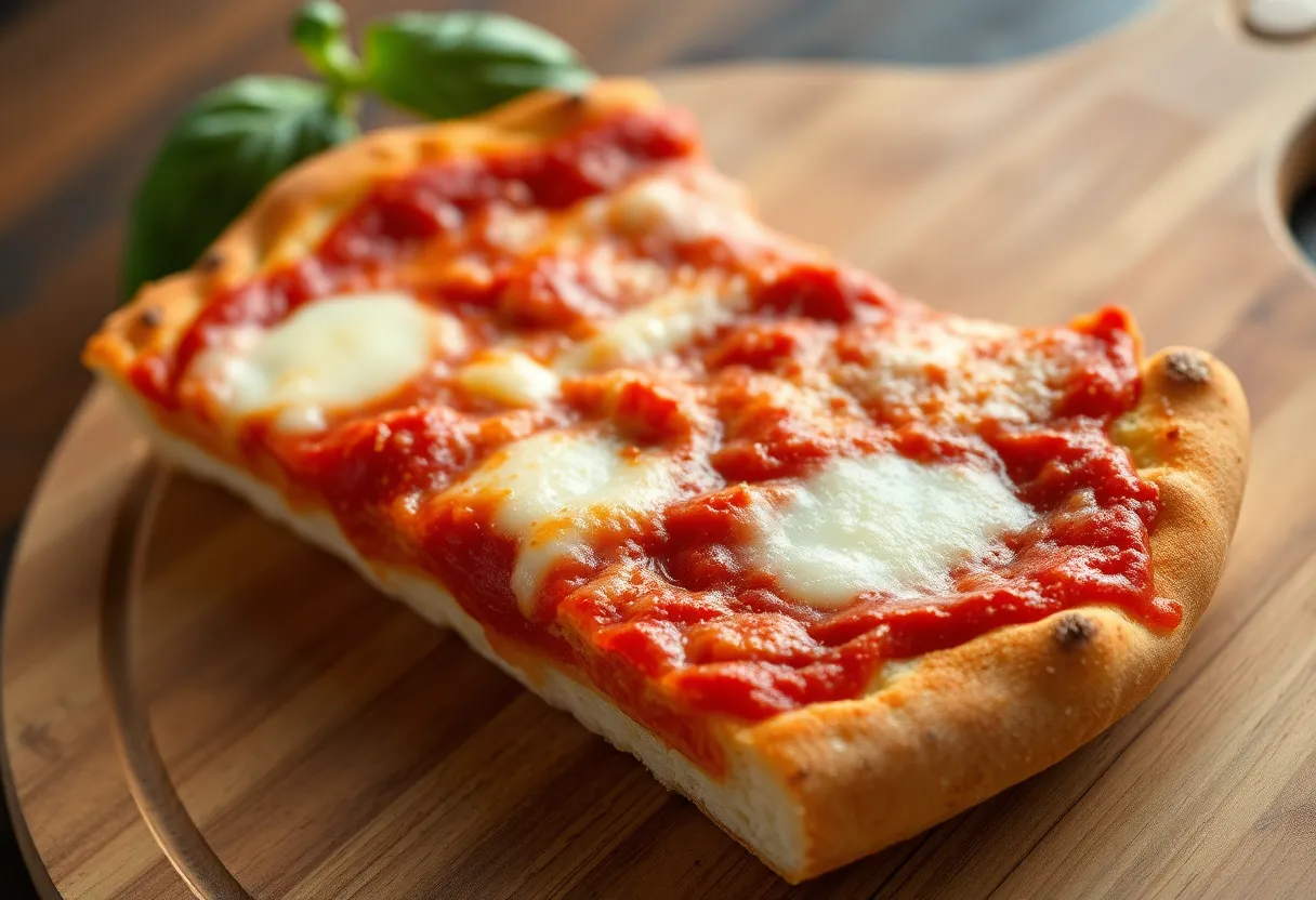 Slice of Detroit-style pizza with caramelized edges and rich tomato sauce
