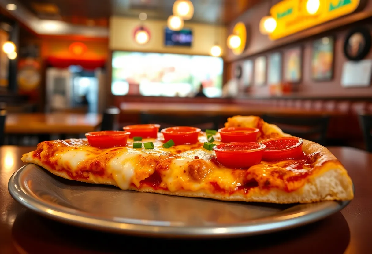 Slice of Detroit-style pizza with pepperoni and cheese
