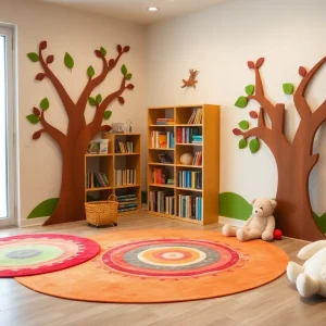 Calming station designed for children's mental health, with colorful decor and resources.